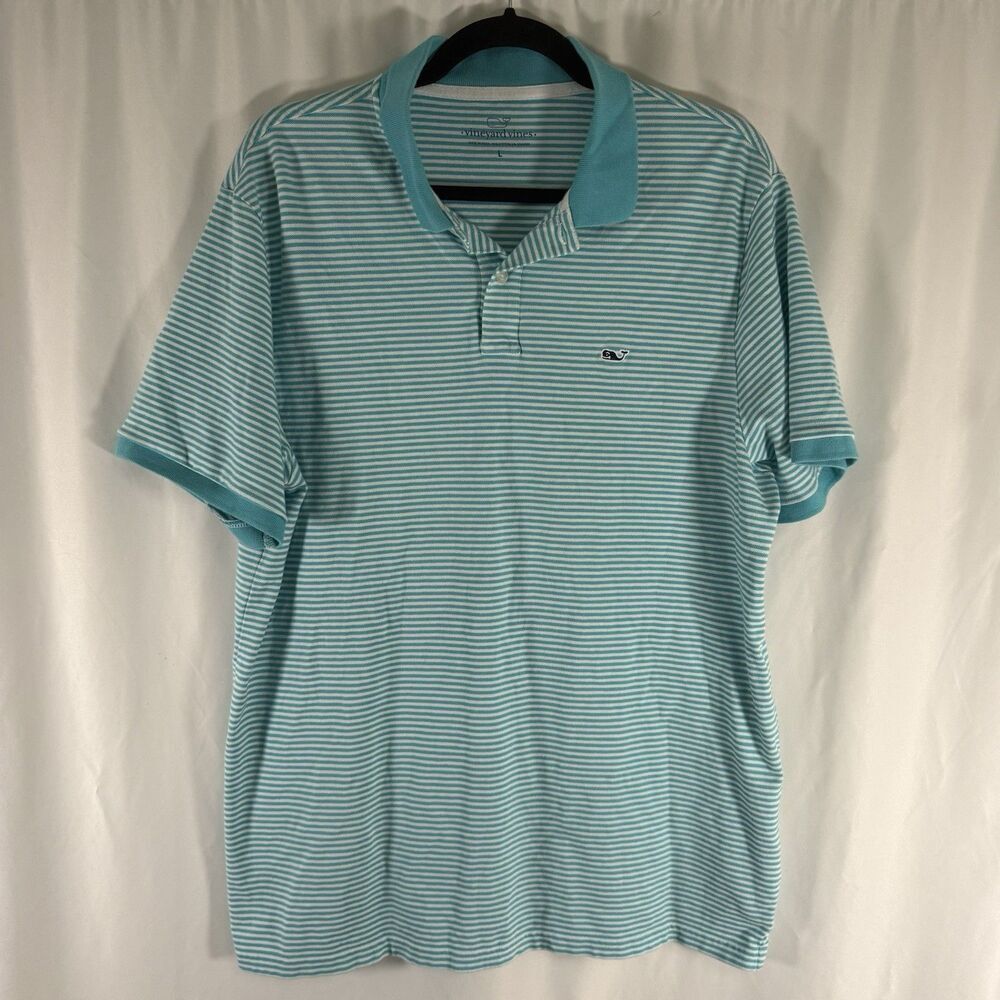 Vineyard Vines Polo Men's Large Blue White Striped Short Sleeve Collared Pullove